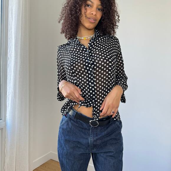 Vintage Italian Semi-Sheer Polka Dot Blouse with Button-Up (S) - Picture 6 of 8